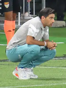 Um homem agachado, na beira de um campo de futebol, e olhando para frente.