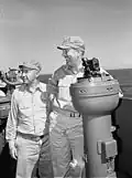 Admiral Radford with Captain Joseph "Jocko" Clark (left side) (Cherokee) on the USS Yorktown in 1943