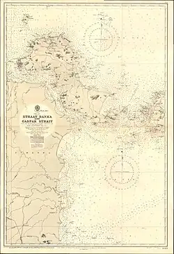 Mapa náutico antigo em papel dos estreitos de Bangka e Gaspar, com anotações hidrográficas e rotas marítimas entre Sumatra e Bornéu.