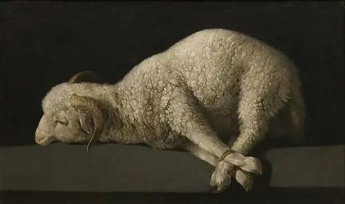 Bodegón com um tema religioso — Cordeiro de Deus. Agnus Dei por Francisco de Zurbarán; 1635–40, 37 × 62&nbsp;cm, Museu do Prado.