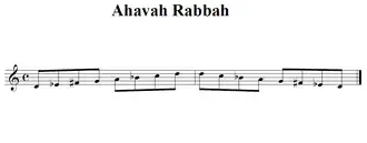 a visual representation of the Ahavah Rabbah scale D, EPredefinição:Music, FPredefinição:Music, G, A, BPredefinição:Music, C, D