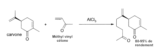 Équation-bilan de l'addition de la 3-butène-2-one sur le carvone.