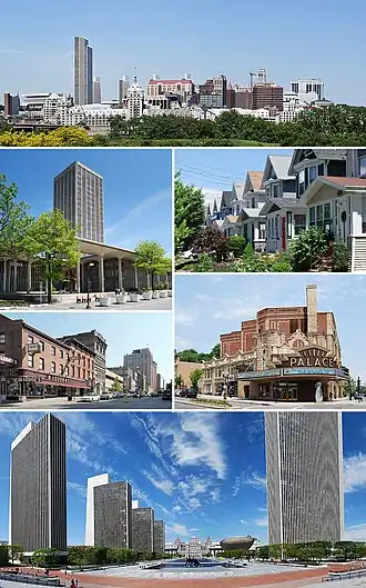 Do topo, em sentido horário: panorama de Albany a partir da cidade de Rensselaer, casas de classe média no bairro de Helderberg, Palace Theatre, Empire State Plaza a partir do Centro de Educação Cultural, norte da Pearl Street na Columbia Street e o State Quad na SUNY Albany