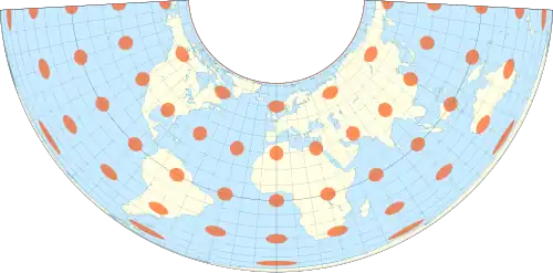 A projeção de Albers com indicadores visuais de deformação (indicatrix de Tissot), paralelos padrões 15°N e 45°N.