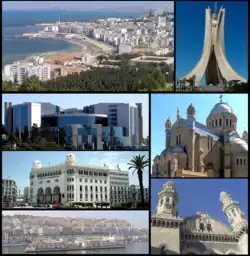 Em sentido horário: Prédios ao longo da costa do Mediterrâneo em Argel, Memorial dos Mártires, Notre-Dame d'Afrique, Mesquita Ketchaoua , Casbah, prédio dos correios e o Ministério da Finança da Argélia.