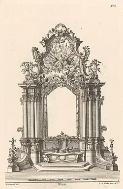 Reinterpretações rococó da ordem coríntia em desenho de altar, com capitéis assimétricos e acantos mais sinuosos em forma de S, de Franz Xaver Habermann, 1740–1745, água-forte sobre papel, Rijksmuseum