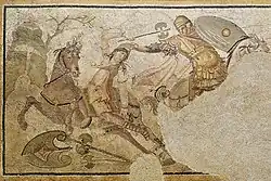 Mosaic of Amazon warrior engaged in combat with a hippeus, 4th century&nbsp;AD, Louvre