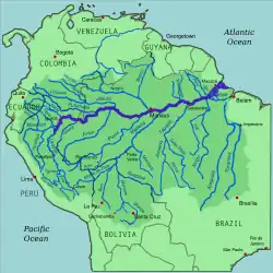 Mapa mostrando a bacia de drenagem da Amazônia com o rio Amazonas em destaque.