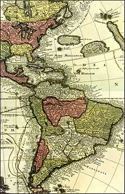 Map of South America, the Caribbean and the eastern part of North America. Several administrative regions are indicated, among others in the north of South America, the New Kingdom of Granada, covering roughly present-day Venezuela, the Guyanas and parts of Colombia. Roughly present-day Ecuador, Peru and Bolivia are marked as pertaining to the Viceroyalty of Peru. Roughly present-day Uruguay, Paraguay, and parts of Argentina and Brazil are marked, pertaining to Paraguay. Santa Cruz de la Sierra is marked in the Viceroyalty of Peru close to the border to Paraguay.