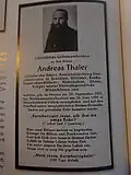 Anúncio fúnebre. Andreas Thaler foi sepultado em 2 de julho de 1939.