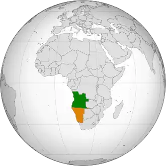 Mapa indicando localização de Angola e da Namíbia.