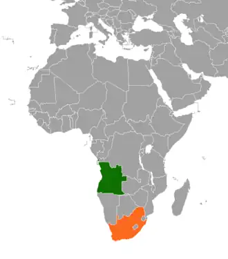 Mapa indicando localização da Angola e da África do Sul.
