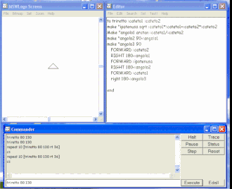 Na imagem, a interface gráfica da linguagem Logo com comandos para a criação de um triângulo retângulo.