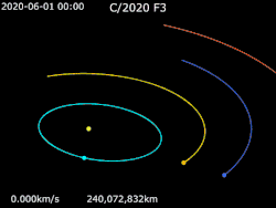Animação da órbita do C/2020 F3 em torno do Sol &nbsp;&nbsp;&nbsp;&nbsp;&nbsp;&nbsp;C/2020 F3&nbsp;· &nbsp;&nbsp;&nbsp;&nbsp;&nbsp;&nbsp;Sol&nbsp;· &nbsp;&nbsp;&nbsp;&nbsp;&nbsp;&nbsp;Mercurio&nbsp;· &nbsp;&nbsp;&nbsp;&nbsp;&nbsp;&nbsp;Vênus&nbsp;· &nbsp;&nbsp;&nbsp;&nbsp;&nbsp;&nbsp;Terra&nbsp;· &nbsp;&nbsp;&nbsp;&nbsp;&nbsp;&nbsp;Marte