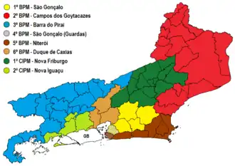 Distribuição das unidades policiais da PMRJ, em 1975. A Ilha Grande era policiada pela PMEG, devido a localização do presídio Cândido Mendes, mantido pelo estado da Guanabara.