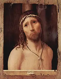 Uma das várias versões do Ecce Homo por Antonello da Messina, que foi influenciado pela pintura flamenga primitiva, c. 1473