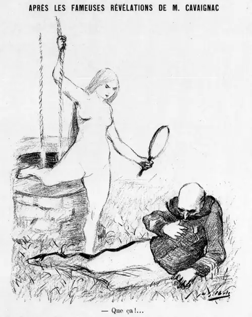 "Après les fameuses révélations de M. Cavaignac": Comandandte Esterhazy, desabou no chão. Desenho em Le Sifflet, 14 de julho de 1898.