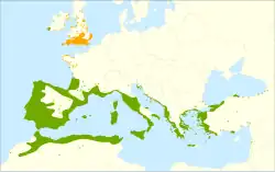 Mapa de distribuição. Legenda: : Nativo. :✖ População isolada. :▲ Introduzido e naturalizado (sinantropia).