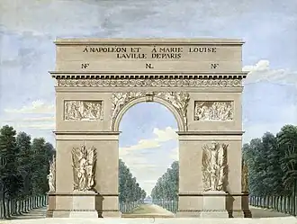O Arco do Triunfo de madeira construído por ocasião da entrada em Paris de Napoleão e Maria Luísa em 1810.