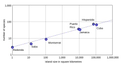 Número total de espécies de répteis e anfíbios em 7 ilhas de diferentes tamanhos.