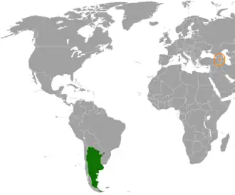 Mapa indicando localização da Argentina e da Armênia.