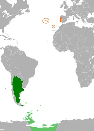 Mapa indicando localização da Argentina e de Portugal.