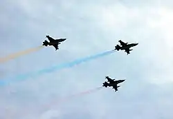 Um anel de aeronaves de ataque blindadas Su-25 de apoio direto de fogo da Força Aérea RA durante um desfile militar