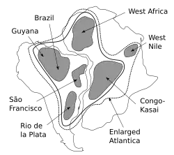 Mapa simplificado do continente Atlântica mostrando a aproximação dos hoje conhecidos como continentes Americano e Africano.