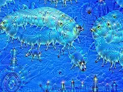 An image of jellyfish processed with DeepDream after ten iterations