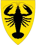 Brasão de armas da comuna de Aurskog-Høland, Noruega, "Ouro, uma lagosta ereta, negra.[10]