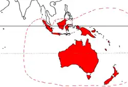O habitat da espécie P. ulysses se situa na região tropical da Oceania (em vermelho), entre a Nova Guiné, o arquipélago de Bismarck e o norte da Austrália, na península do Cabo York, Queensland.