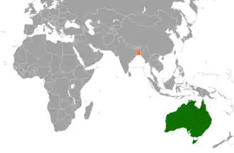 Mapa indicando localização da Austrália e de Bangladesh.