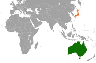 Mapa indicando localização do Austrália e do Japão.