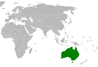 Mapa indicando localização da Austrália e de Portugal.