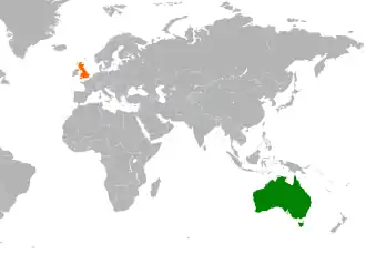 Mapa indicando localização da Austrália e do Reino Unido.