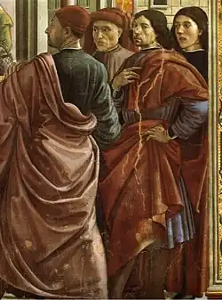 Expulsão de Joaquim do Templo (detalhe), Capela Tornabuoni, a contar da esquerda David Ghirlandaio, Tommaso Bigordi (o Alesso Baldovinetti), Domenico Ghirlandaio e Sebastiano Mainardi