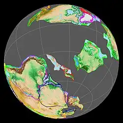 Mapa representando a distribuição geológica da Terra durante o período Ordoviciano, enfatizando a posição do microcontinente Avalônia em relação à Báltica há cerca de 480Ma.