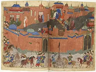 Colorful medieval depiction of a siege, showing the city of Baghdad surrounded by walls, and the Mongol army outside