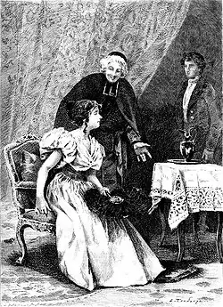 Ilustração em preto e branco de Louis Lambert. À sua frente está sentada uma mulher, e há um homem a seu lado.