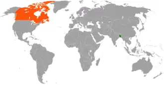 Mapa indicando localização de Bangladesh e do Canadá.