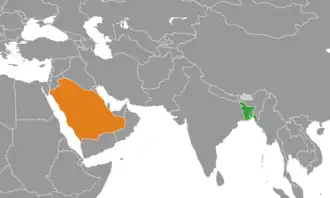 Mapa indicando localização da Arábia Saudita e de Bangladesh.