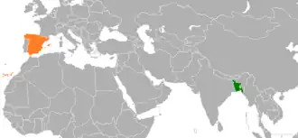 Mapa indicando localização de Bangladesh e da Espanha.