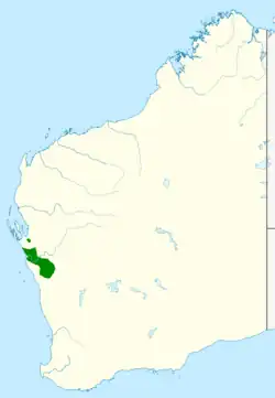 Área de distribuição da Banksia sceptrum em verde