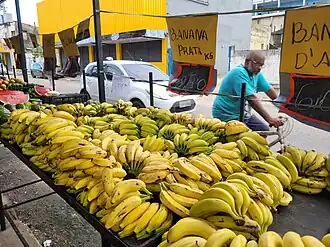 Barraca de bananas na feira, o vendedor organiza as bananas e ao fundo observam-se placas de preço com tipografia vernacular.