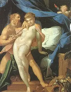 A obra retrata o romance fugaz entre Vulcano e Maia, que, de acordo com a mitologia romana, resultou no nascimento do deus Mercúrio, a pintura captura um momento de paixão e desejo entre o deus do fogo e a deusa da primavera.