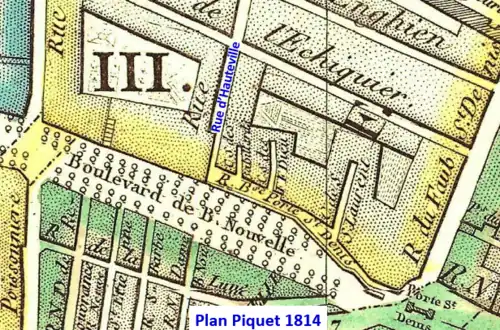 Boulevard de Bonne Nouvelle e Rue d'Hauteville em um plano Piquet de 1814