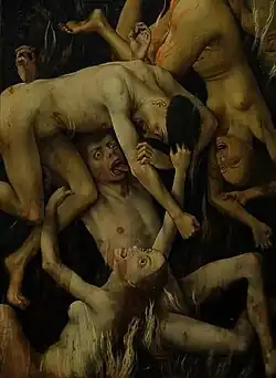 Os condenados, amontoados, caem no Inferno.