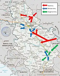 Mapa da Iugoslávia detalhando a ofensiva contra Belgrado.