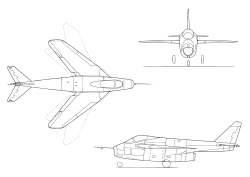 Desenho mostrando ângulos diferentes da aeronave, de cima, de perfil e de frente.