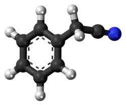 Ball-and-stick model of the benzyl cyanide molecule